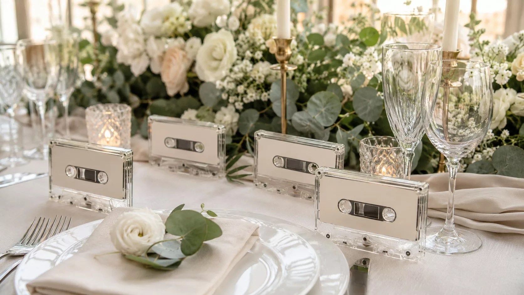 Marque-places de mariage en cassettes audio personnalisées sur une table fleurie