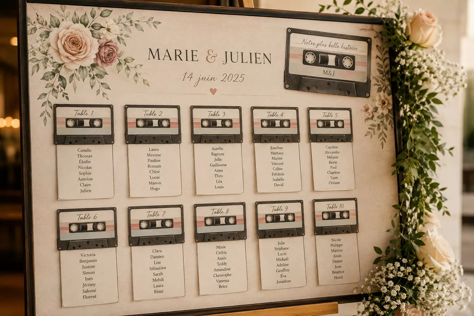 Plan de table de mariage où chaque table est une cassette audio avec les noms des invités