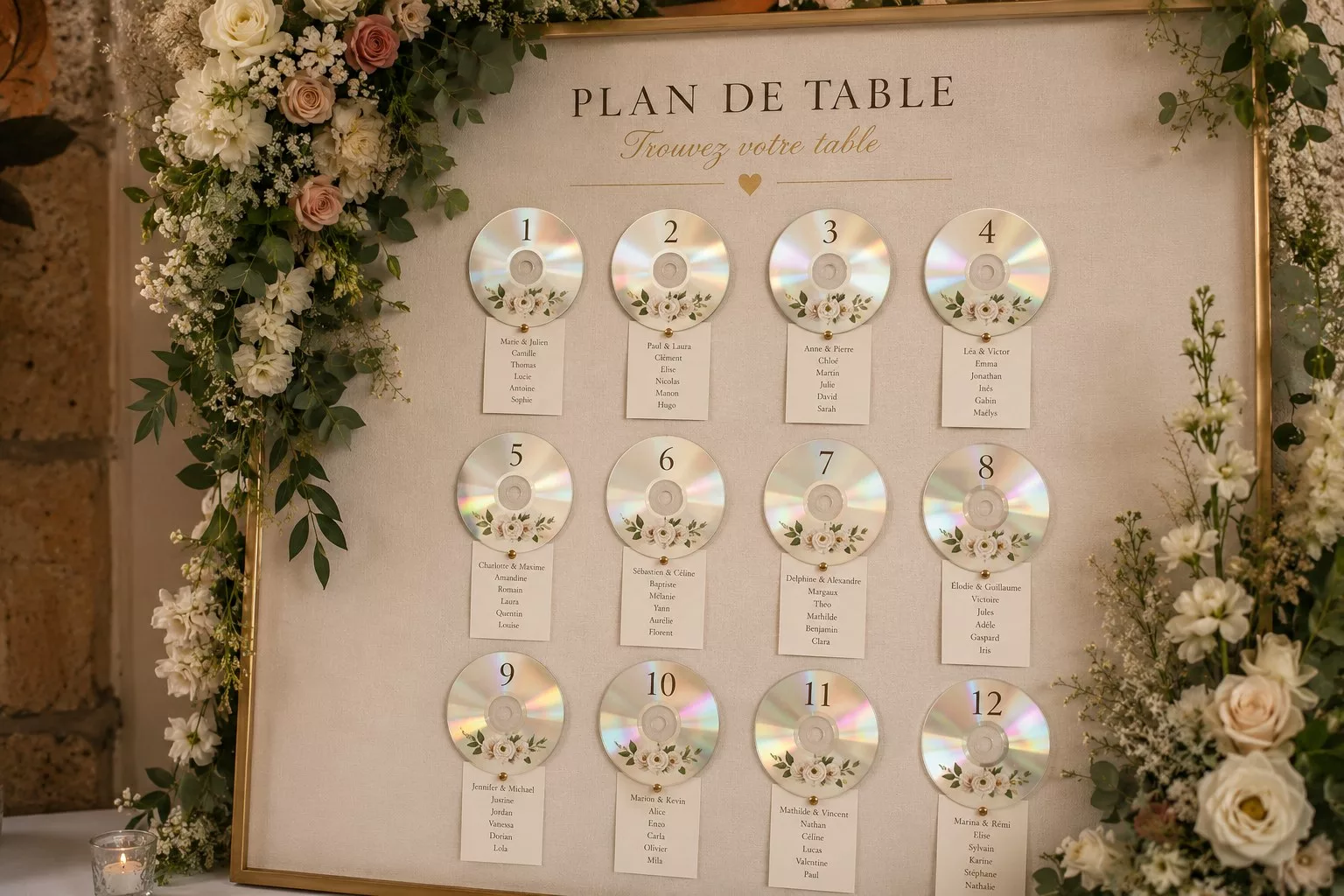 Plan de table de mariage avec des CD comme numéros de table et les prénoms des invités