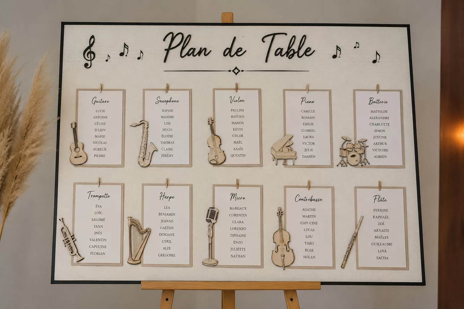 Plan de table de mariage thème musique avec des tables nommées d'après des instruments et les prénoms des invités