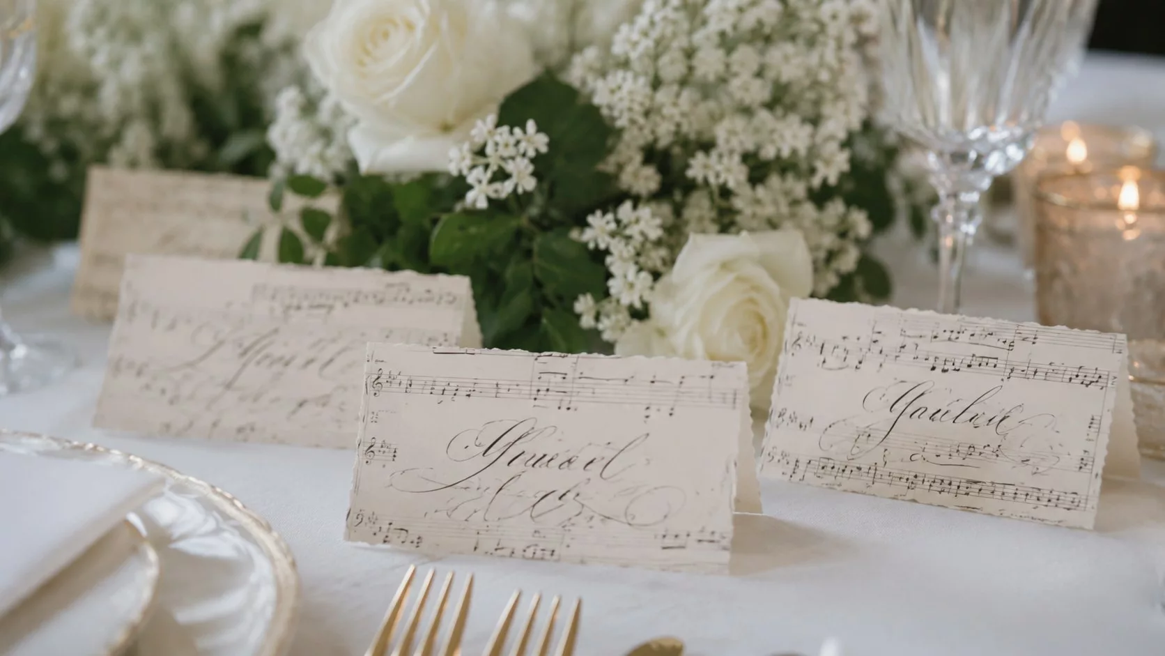 Marque-places de mariage en partitions calligraphiées avec fleurs blanches