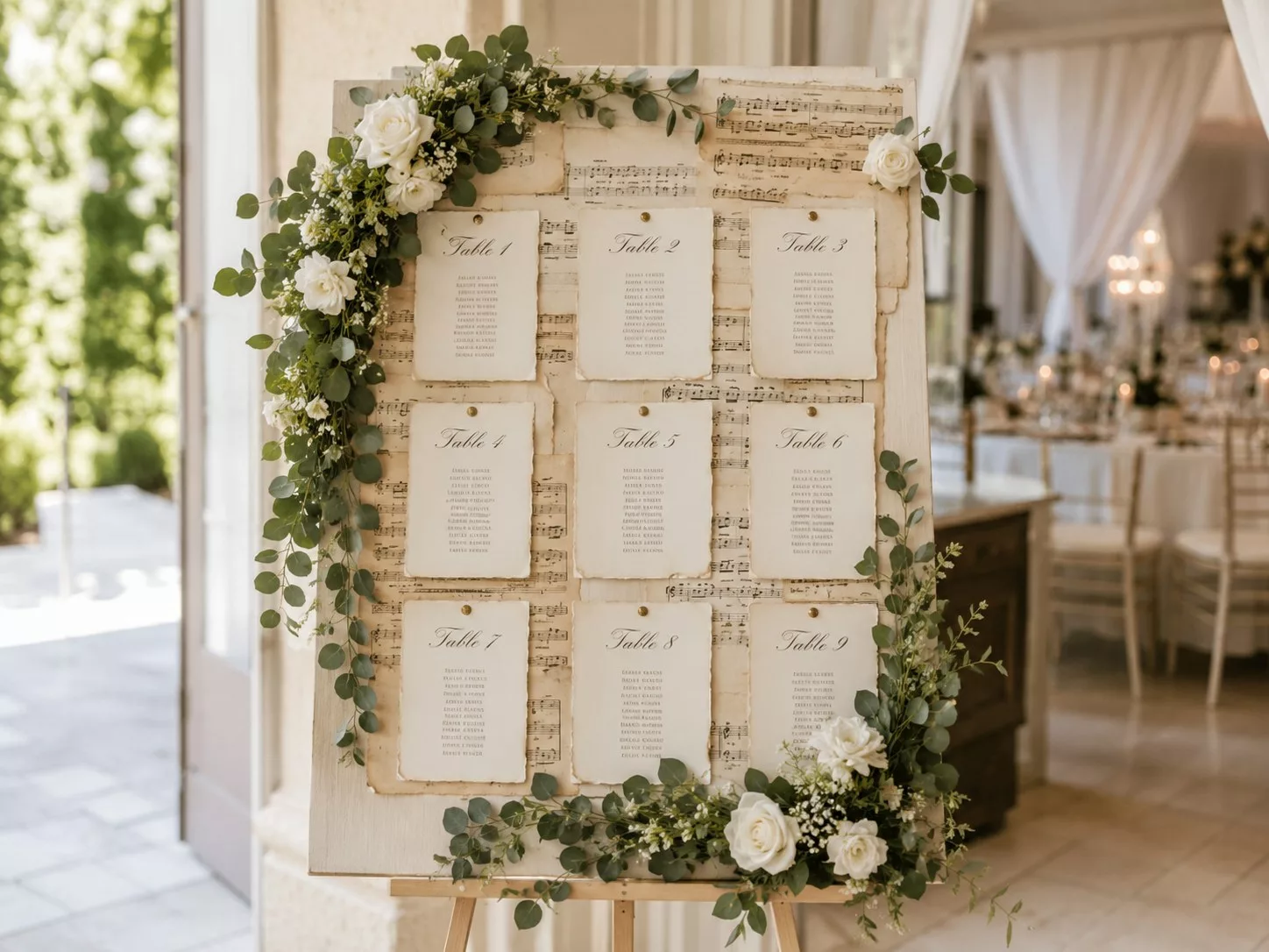 Plan de table de mariage en partitions de musique avec les tables numérotées, fleuri et lisible