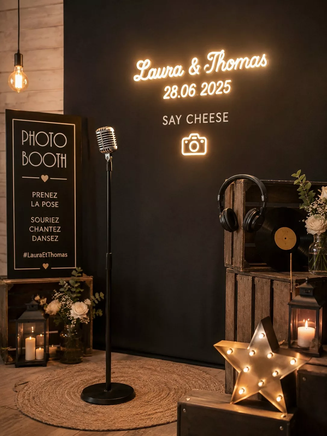 Coin photobooth de mariage thème musique avec micro vintage, casque audio et enseigne lumineuse