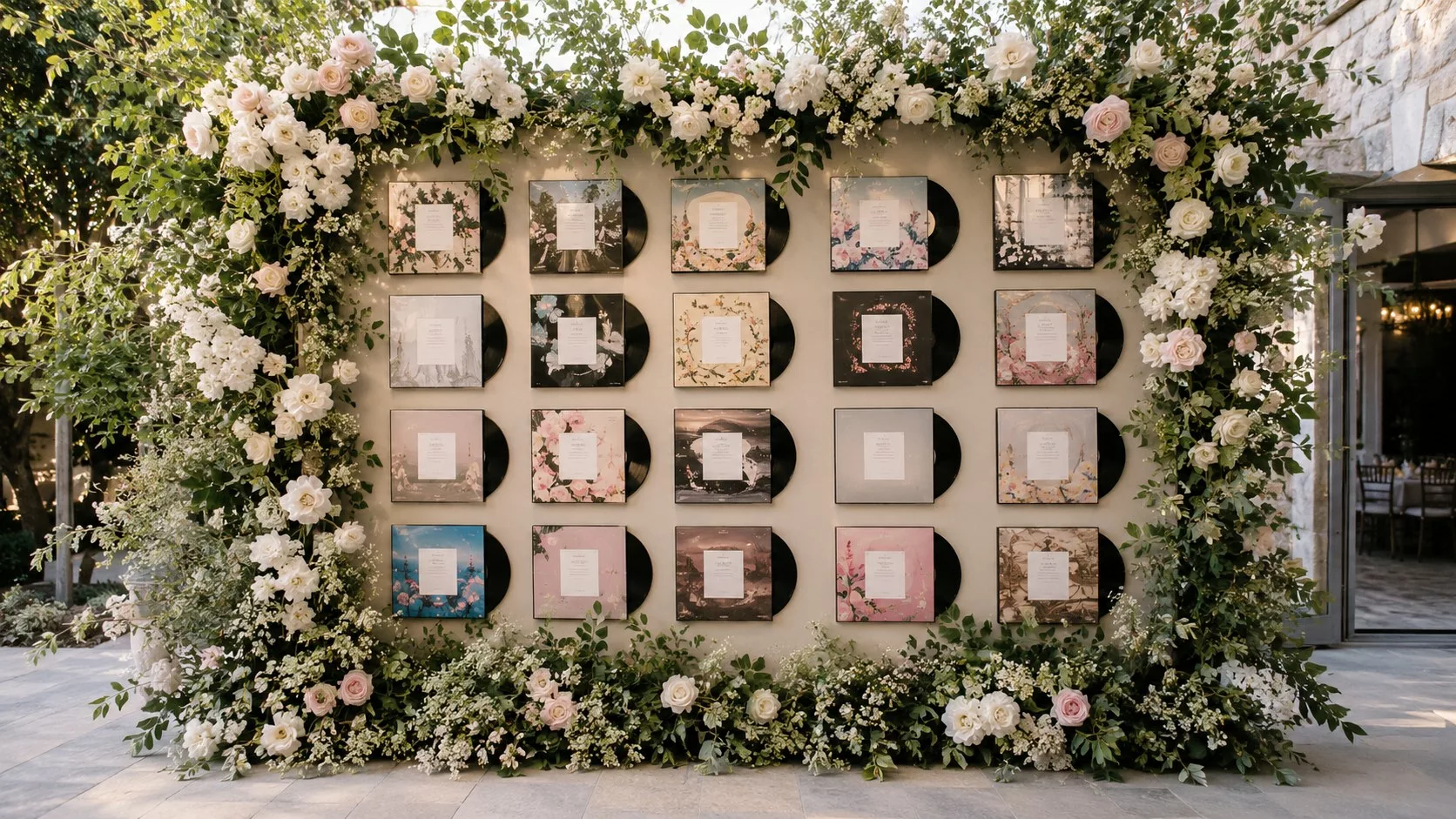 Plan de table de mariage thème musique : mur fleuri de pochettes d'album encadrées