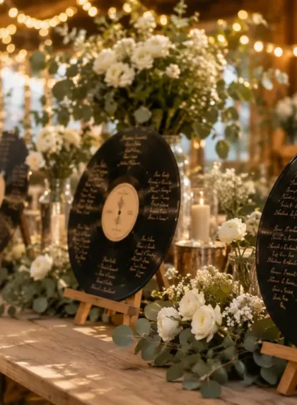 Plan de table de mariage sur le thème de la musique avec des disques vinyles décorés posés sur des chevalets en bois et des fleurs blanches