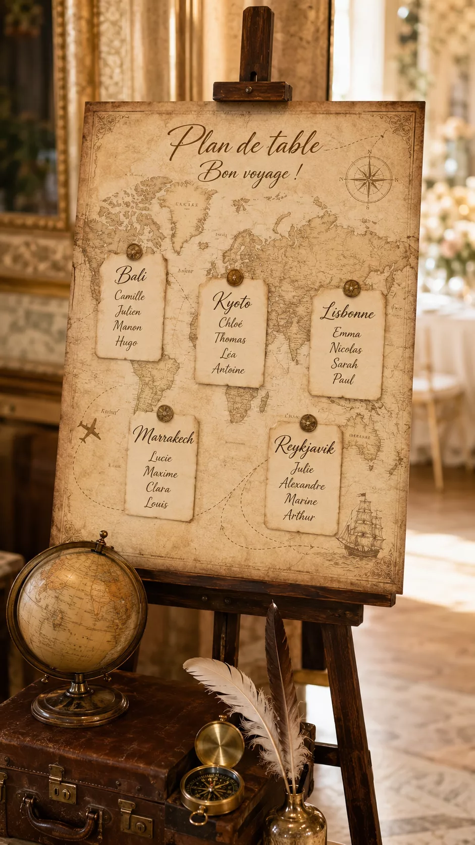 Plan de table mariage voyage carte du monde sépia Plan de table mariage original style voyage avec carte du monde sépia, valise vintage et boussole en laiton