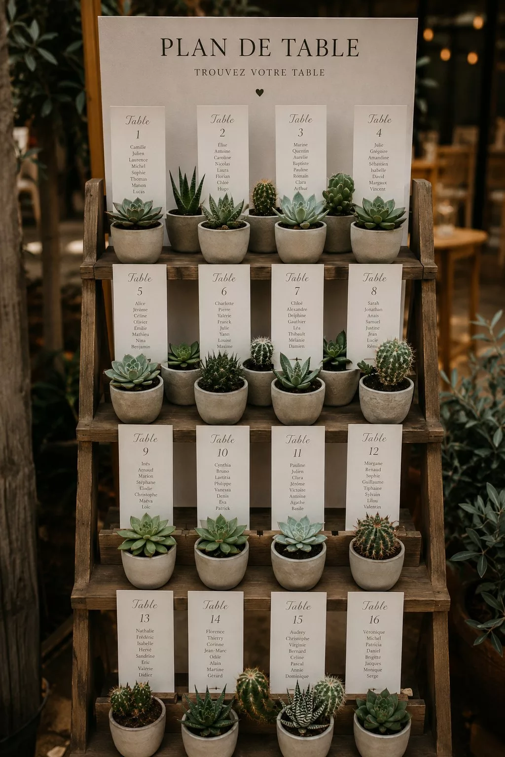 Plan de table de mariage en succulentes dans des pots sur une échelle en bois, numérotées par table