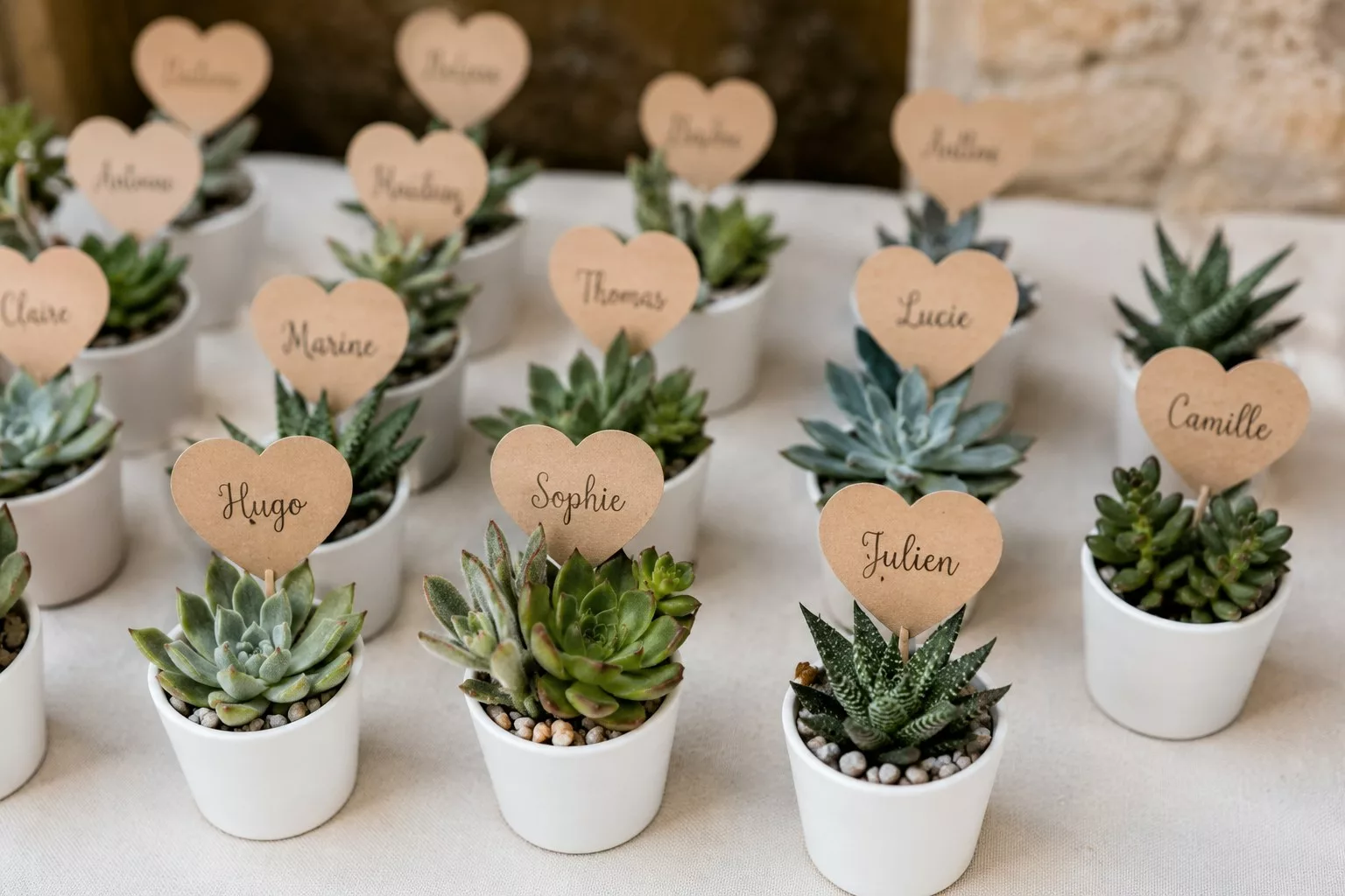 Marque-places de mariage en succulentes dans des pots blancs avec étiquettes prénoms en cœur