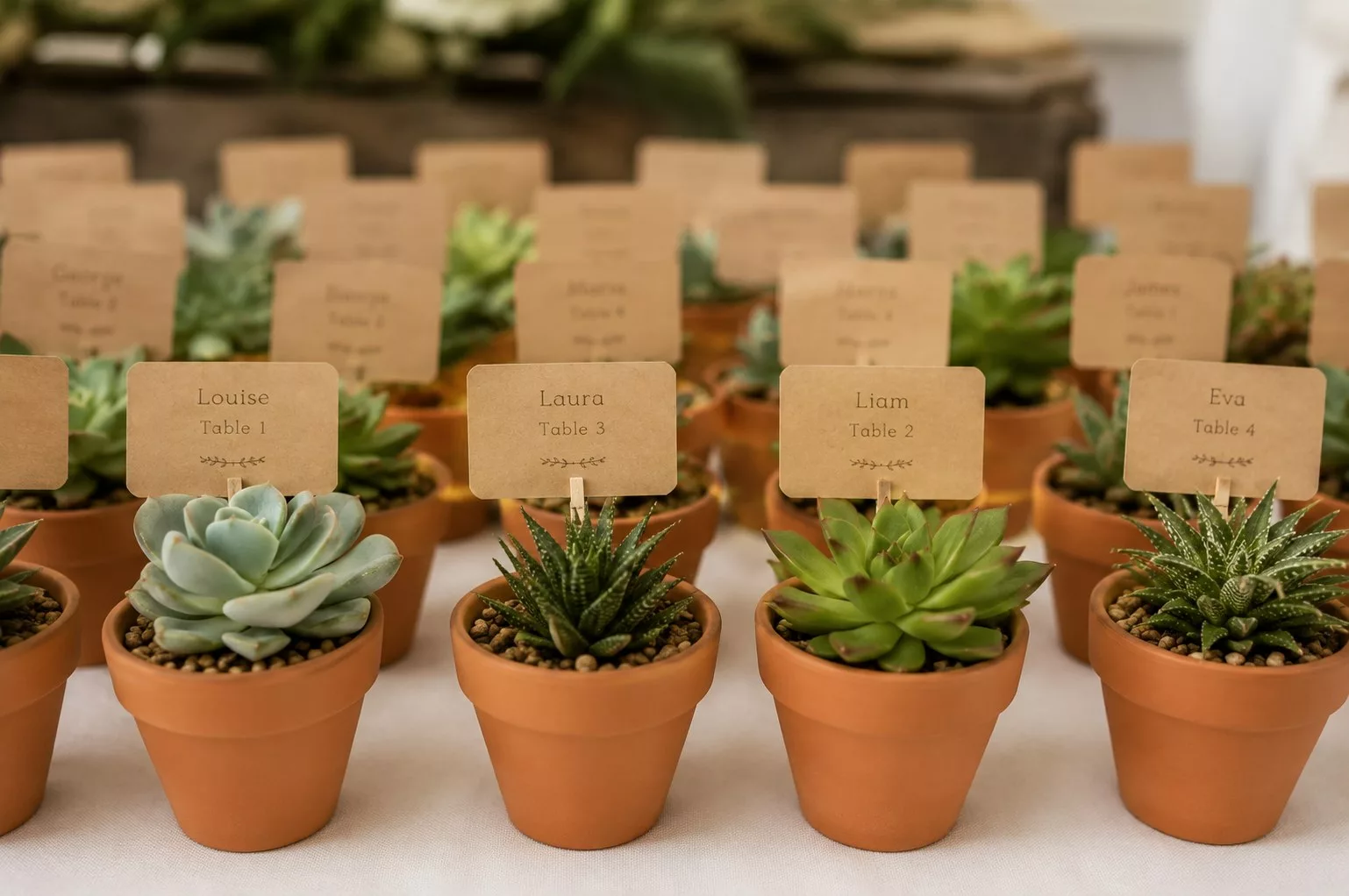Marque-places de mariage en mini-succulentes dans des pots en terre cuite avec étiquettes kraft