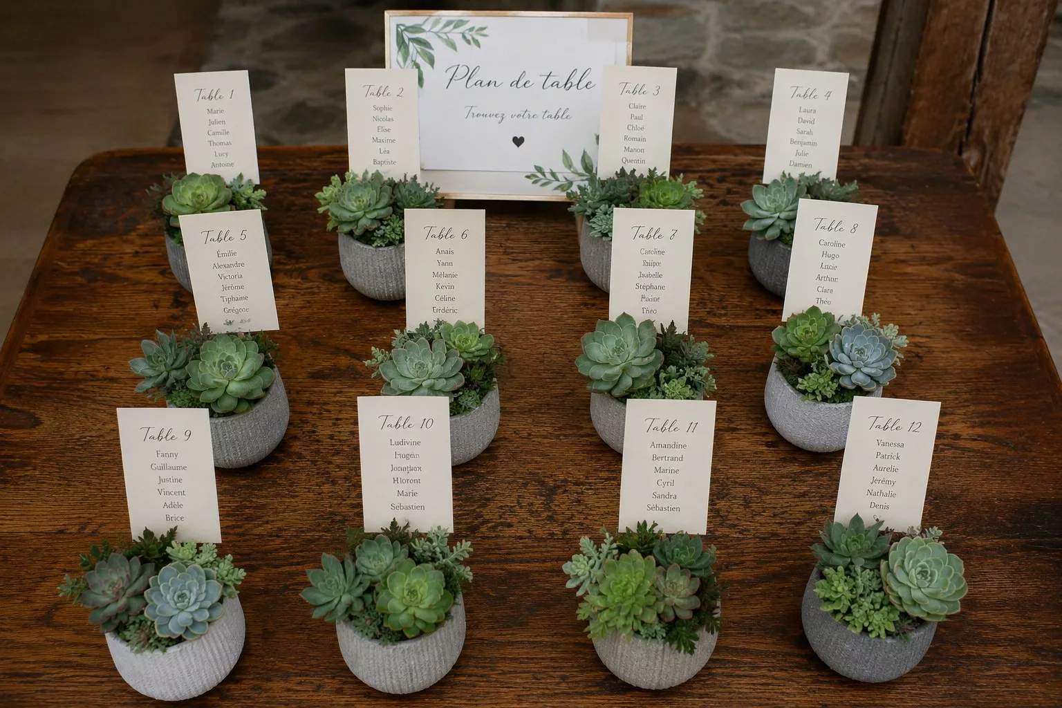 Plan de table de mariage en succulentes dans des pots gris posés sur une table en bois