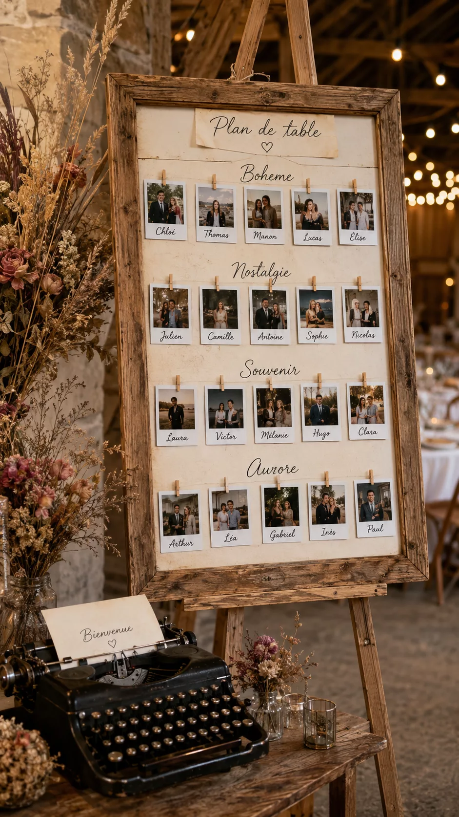 Plan de table mariage vintage polaroids cadre bois Plan de table mariage vintage avec polaroids des invités accrochés sur grand cadre en bois en grange rénovée