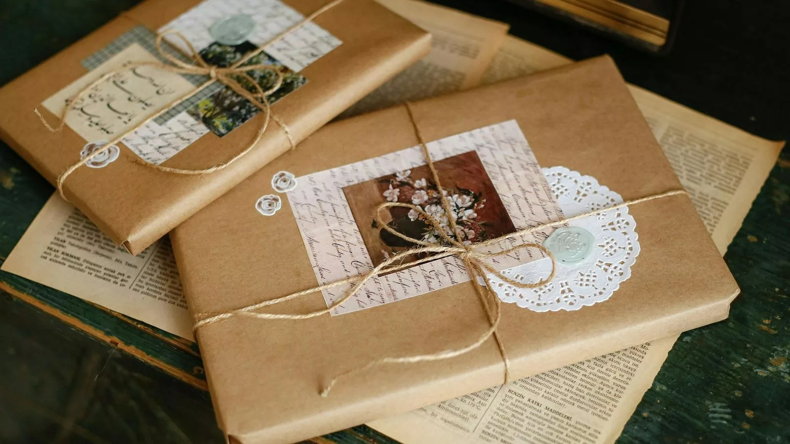 Sachet cadeau en papier kraft fermé par un ruban et orné d'une étiquette