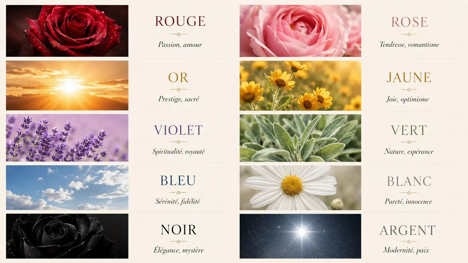 Infographie signification symbolique des couleurs rouge bleu vert violet or