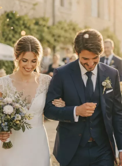 Cortège de mariage francais traditionnel avec mariés et invités lancant des confettis dorés, croquembouche en arrière-plan
