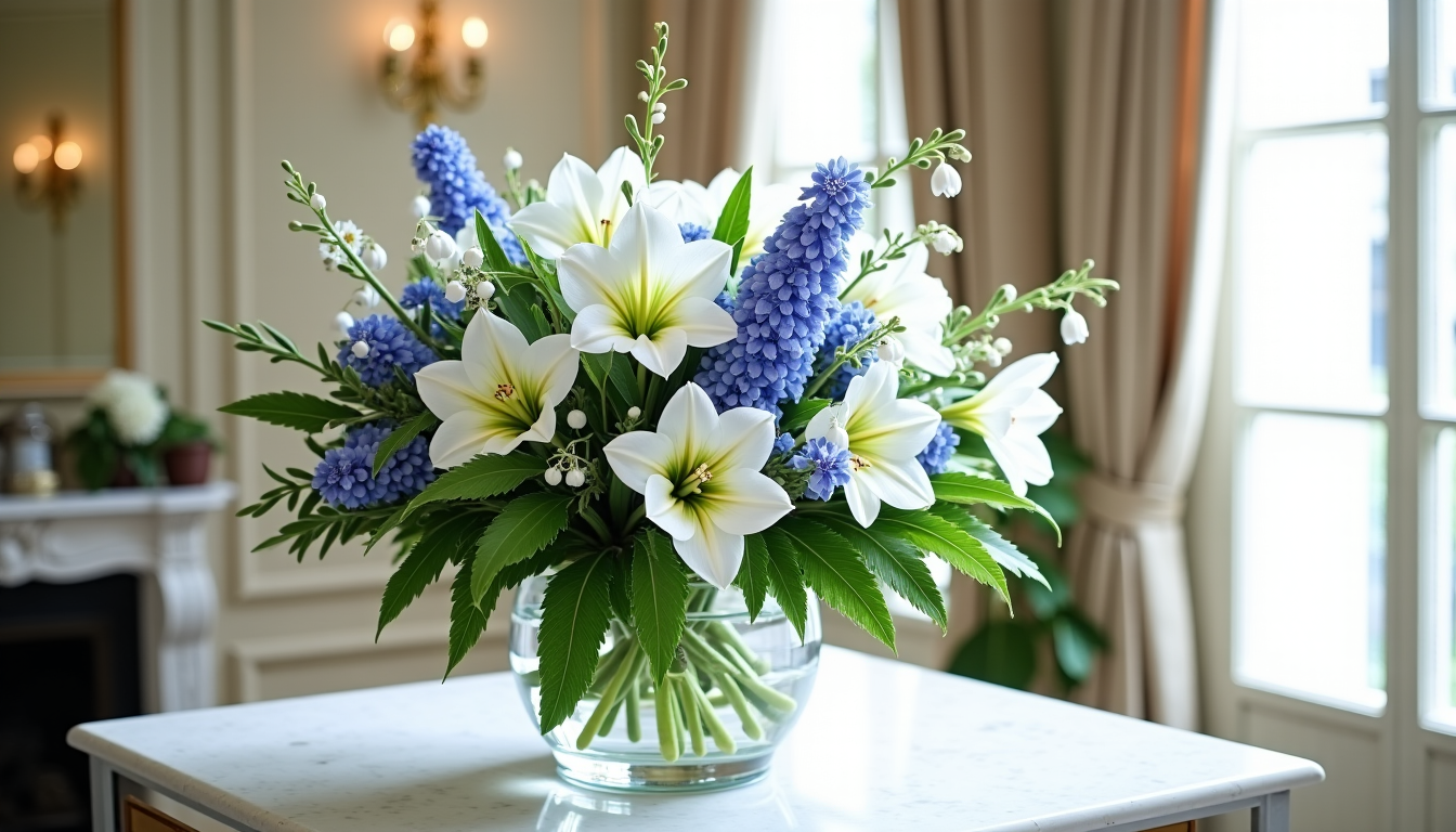 fleuriste de luxe à paris : bien plus qu’un bouquet, une émotion sur-mesure — ryllis, jacinthes, perce-neige, branches de pin élégance, pureté,