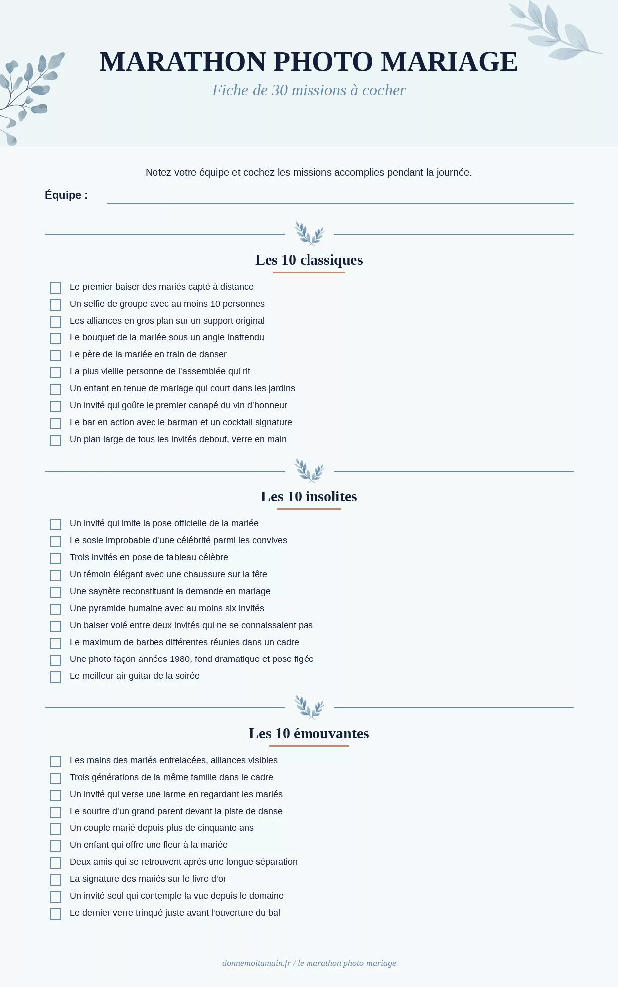 Fiche de 30 missions photo de mariage à imprimer, format marathon photo