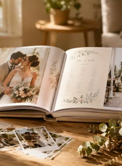 Album photo souvenir de mariage ouvert sur une table, entoure de tirages et fleurs sechees