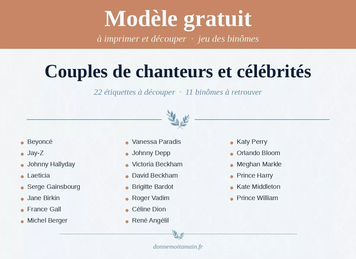 Liste imprimable des couples célèbres — jeu des binômes : couples de chanteurs et célébrités
