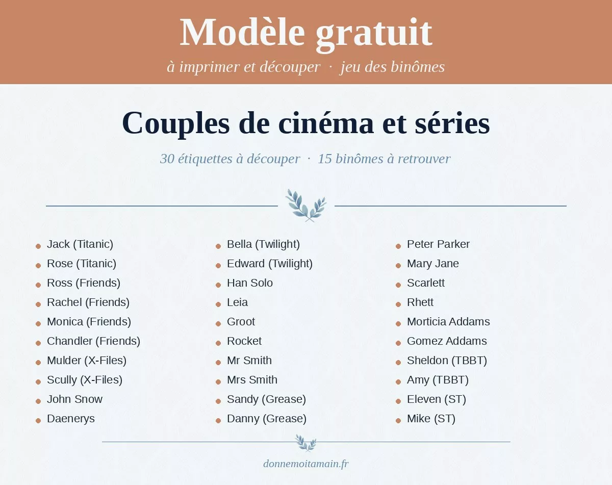 Liste imprimable des couples célèbres — jeu des binômes : couples de cinéma et séries