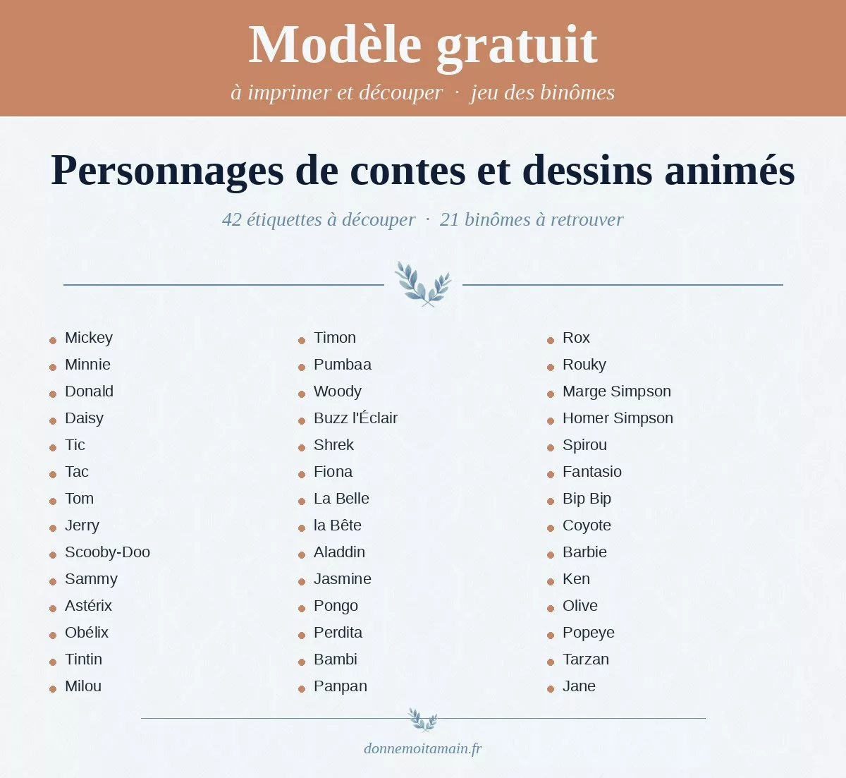 Liste imprimable des couples célèbres — jeu des binômes : personnages de contes et dessins animés
