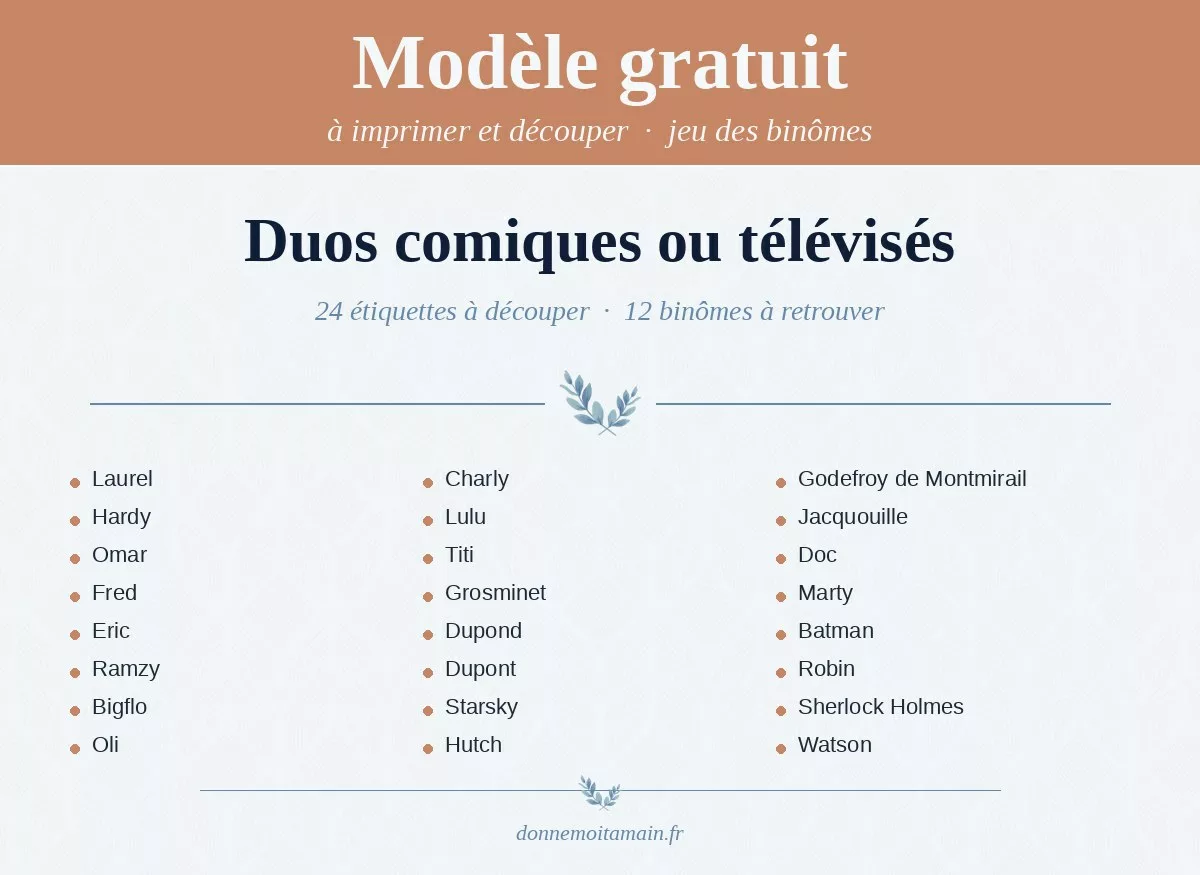 Liste imprimable des couples célèbres — jeu des binômes : duos comiques ou télévisés