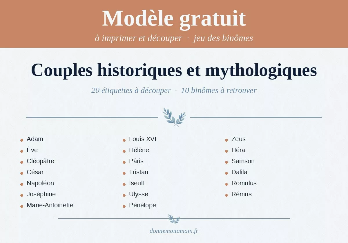 Liste imprimable des couples célèbres — jeu des binômes : couples historiques et mythologiques