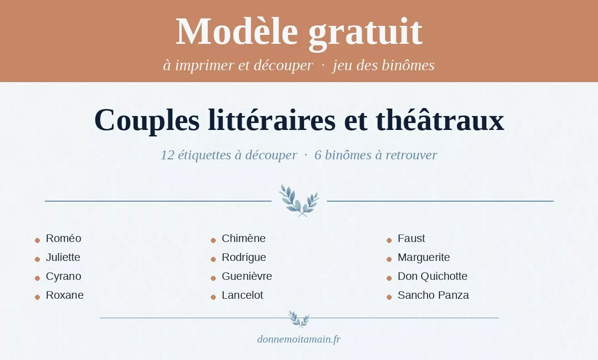 Liste imprimable des couples célèbres — jeu des binômes : couples littéraires et théâtraux