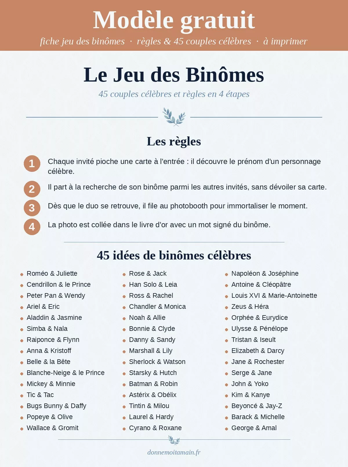 Modèle gratuit à imprimer : fiche Jeu des Binômes mariage avec règles en 4 étapes et 45 couples célèbres