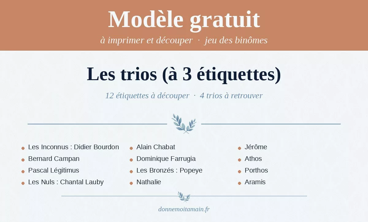 Liste imprimable des couples célèbres — jeu des binômes : les trios