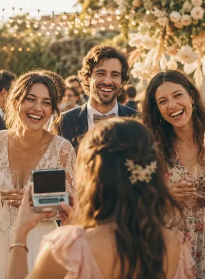 Groupe d'invités joyeux se photographiant pendant un mariage, ambiance vin d'honneur