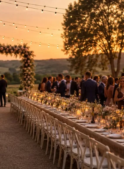 Longue tablee de mariage en exterieur au coucher du soleil, arche florale et guirlandes lumineuses
