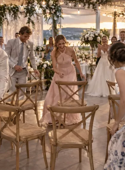 Invites en tenue de mariage courant autour d un cercle de chaises en bois pendant le jeu des chaises musicales