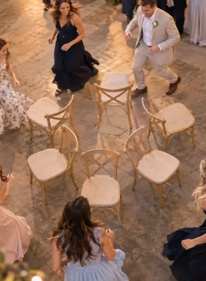 Vue en plongee sur un cercle de huit chaises en bois avec dossiers vers le centre et invites en tenue de mariage tournant autour