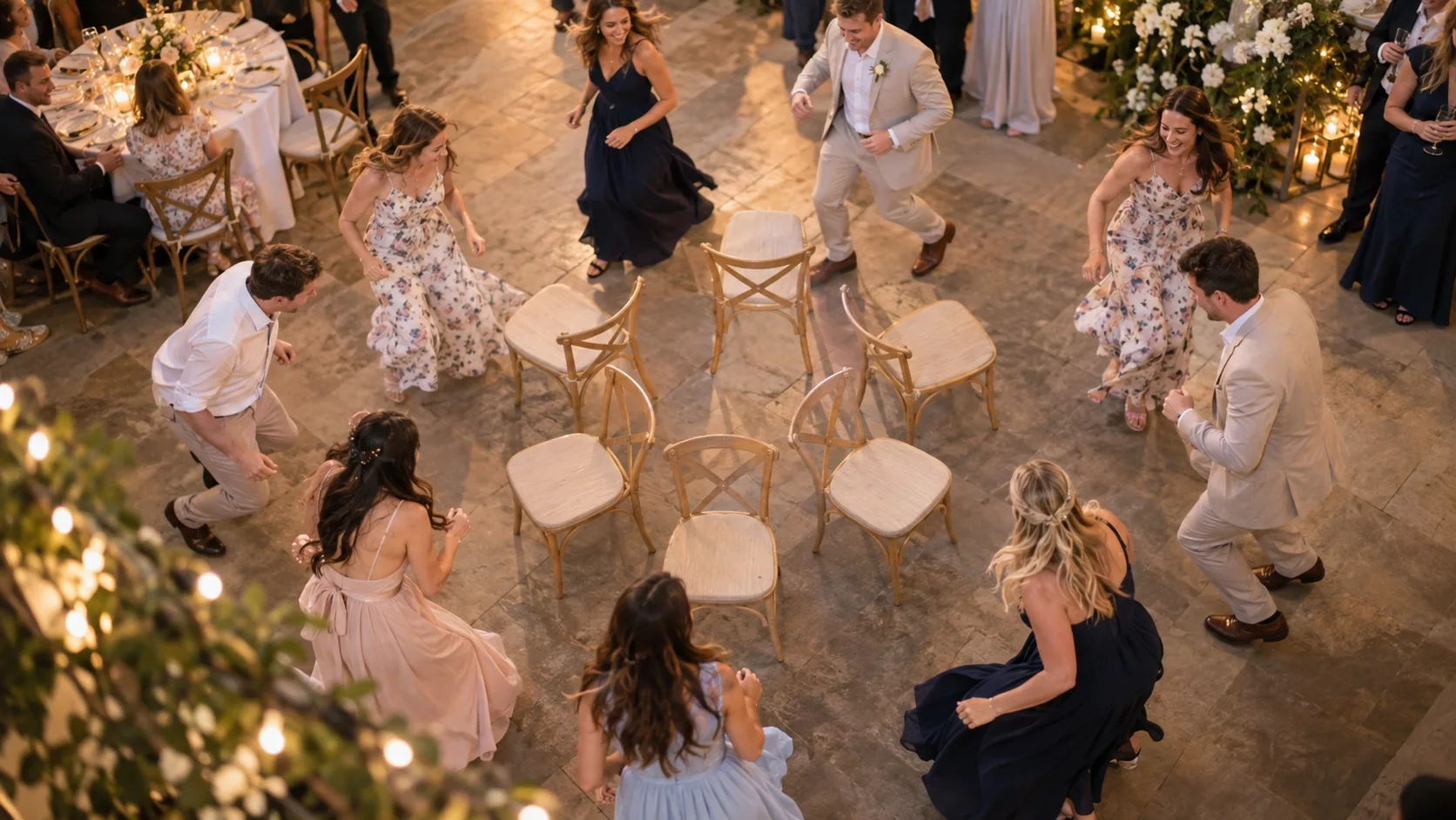 Vue en plongee sur un cercle de huit chaises en bois avec dossiers vers le centre et invites en tenue de mariage tournant autour