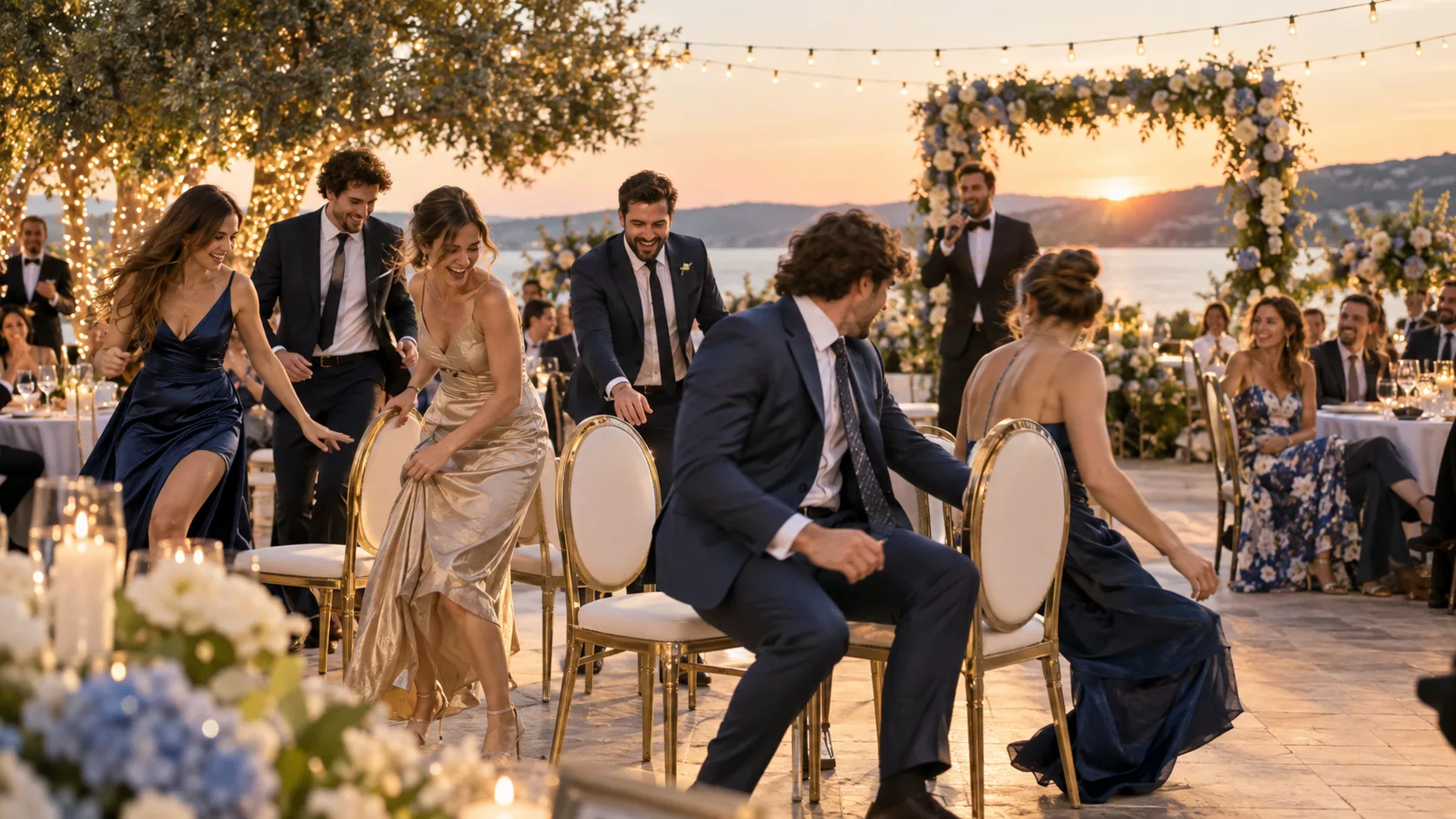 Partie de chaises musicales en pleine action lors d'une réception de mariage