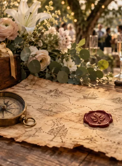 Chasse au trésor de mariage : carte au trésor, boussole en laiton et coffret d'enveloppes numérotées posés sur une table de vin d'honneur fleurie