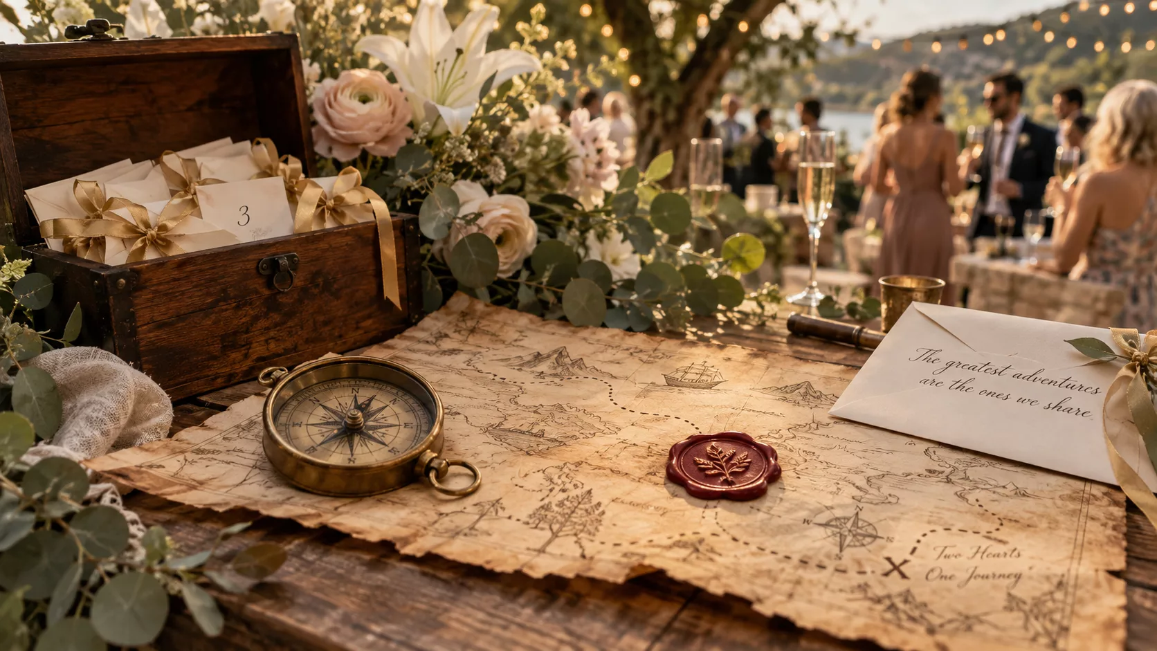 Chasse au trésor de mariage : carte au trésor, boussole en laiton et coffret d'enveloppes numérotées posés sur une table de vin d'honneur fleurie