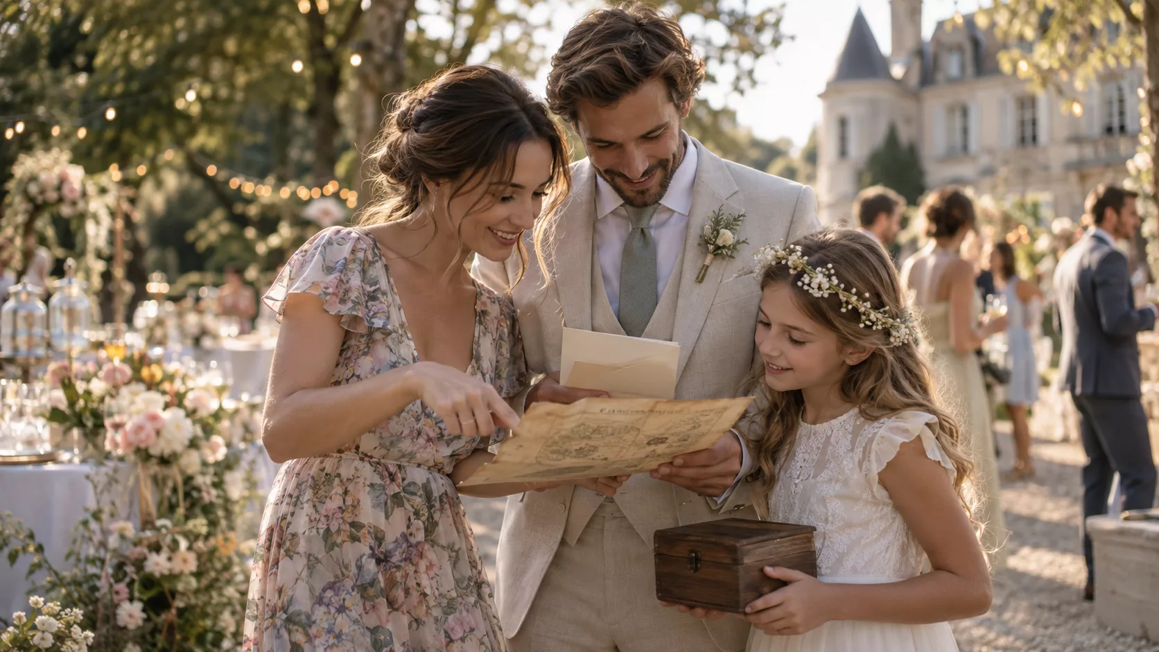 Trois invités d’un mariage examinent ensemble une carte au trésor et un coffret pendant le vin d’honneur