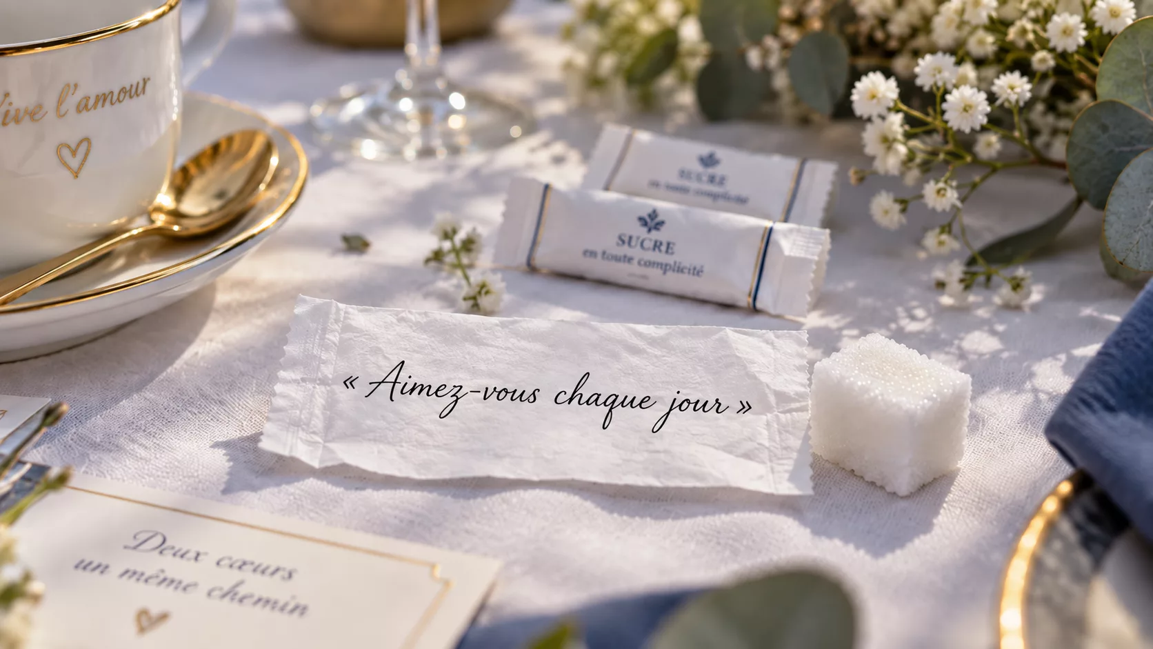 Papier d'un sucre en dosette déroulé sur une nappe blanche portant le message manuscrit « Aimez-vous chaque jour » écrit à l'encre noire cursive, avec un morceau de sucre à côté et deux sucres emballés en arrière-plan, dans une ambiance de mariage romantique navy et dorée