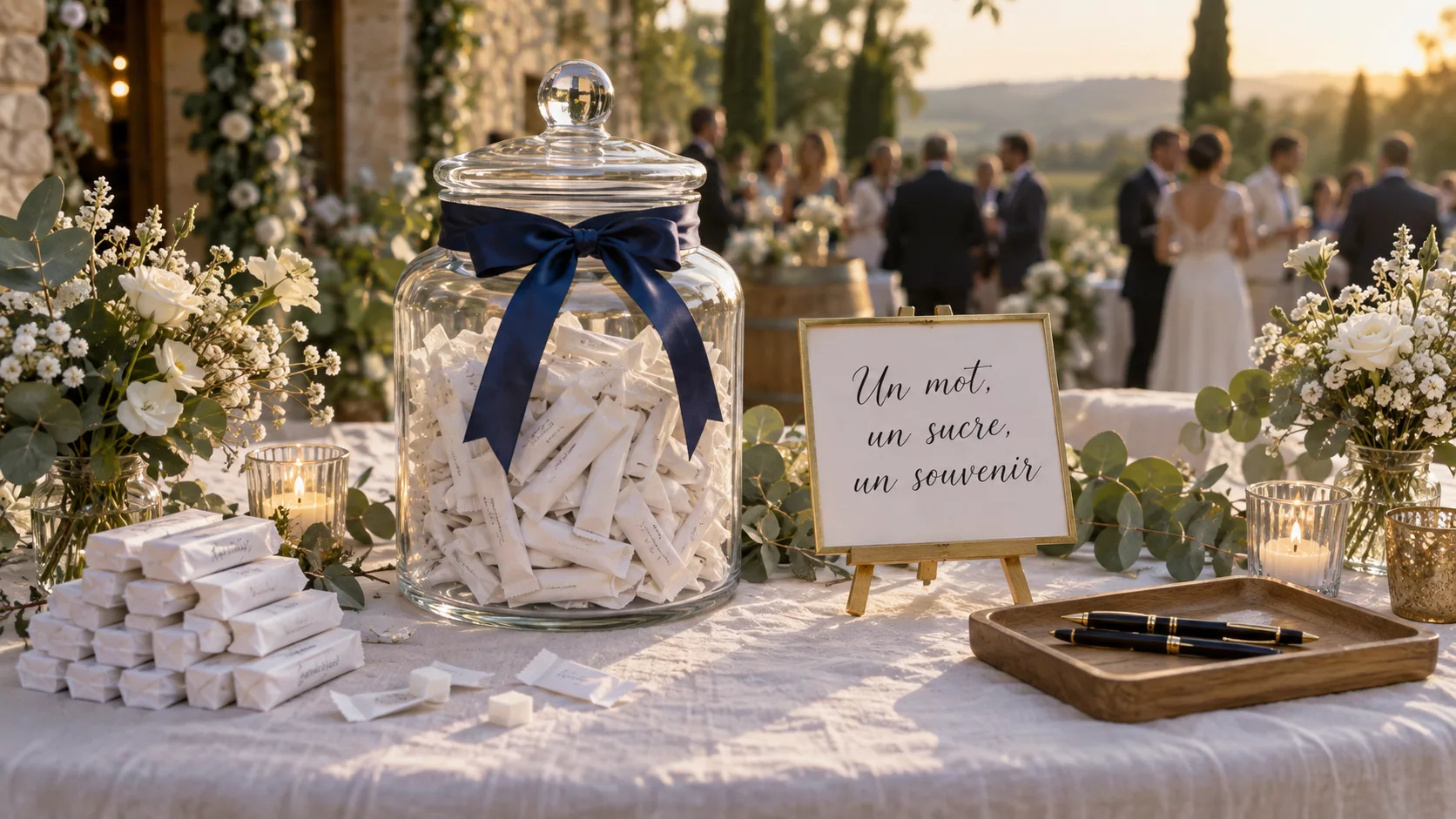Stand d'accueil du jeu des sucres au mariage : bocal en verre noué d'un ruban navy rempli de sucres, chevalet avec pancarte « Un mot, un sucre, un souvenir », plateau en bois avec stylos, décoration florale blanche et eucalyptus