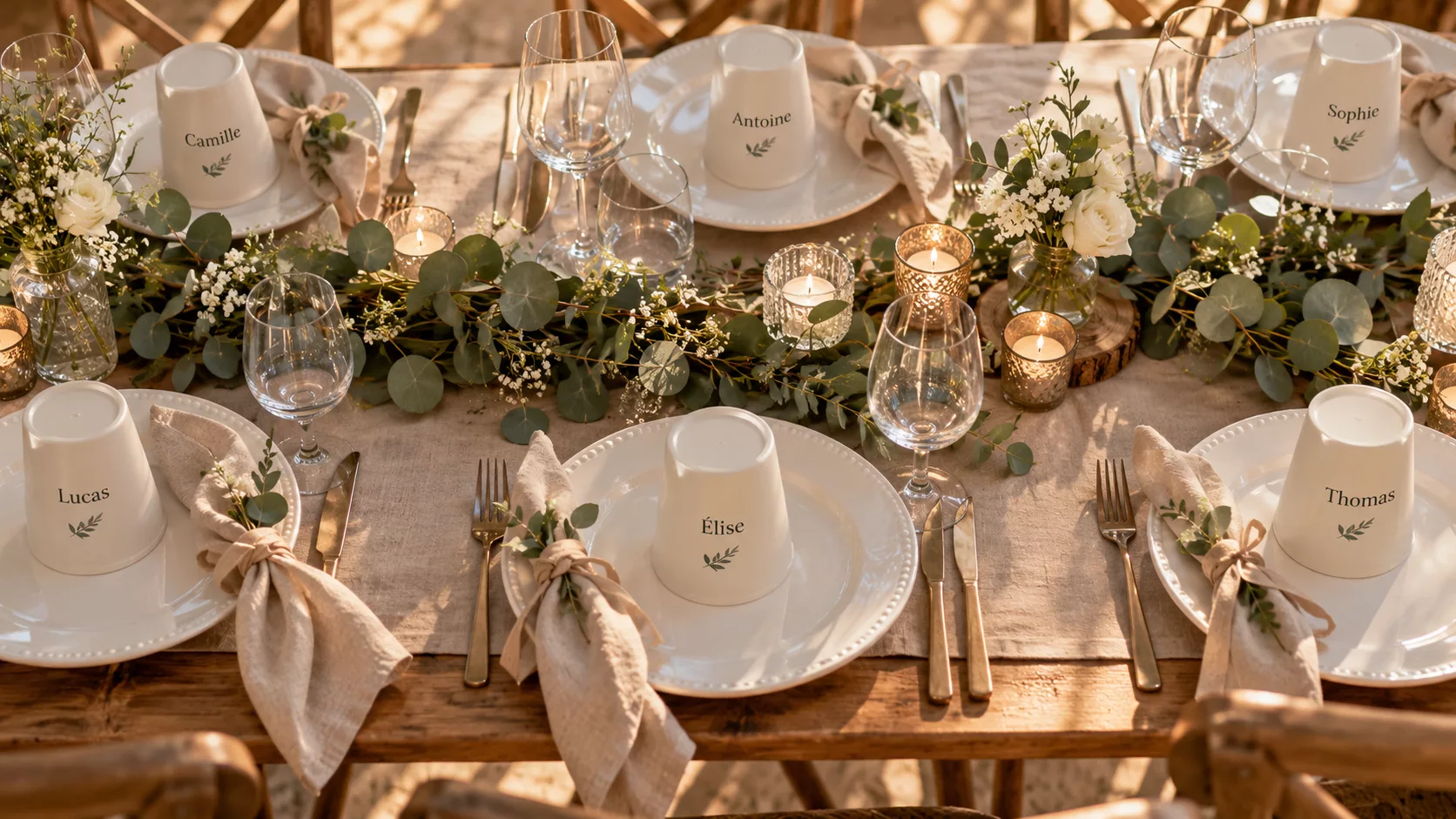 Ecocups personnalisés disposés en marque-place sur chaque assiette d'une table de mariage champêtre