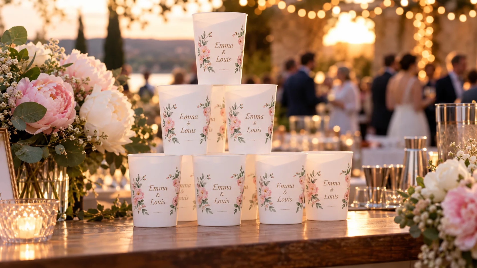 Pyramide d'ecocups personnalisés aux prénoms des mariés sur le bar du vin d'honneur