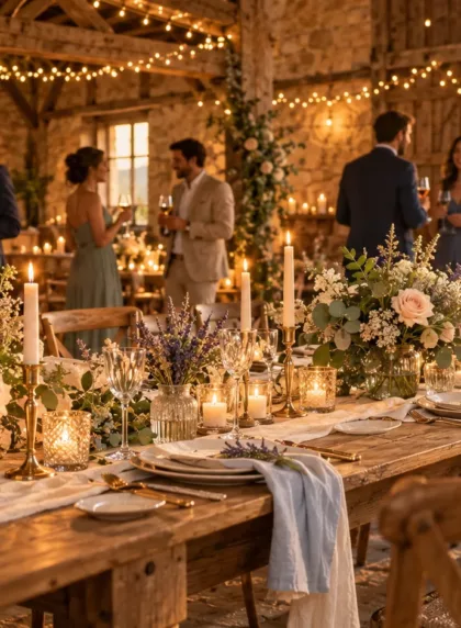 Grange rustique amenagee pour un mariage intime, longue tablee bois avec bouquets de fleurs de saison et bougies, lumiere doree de fin de journee