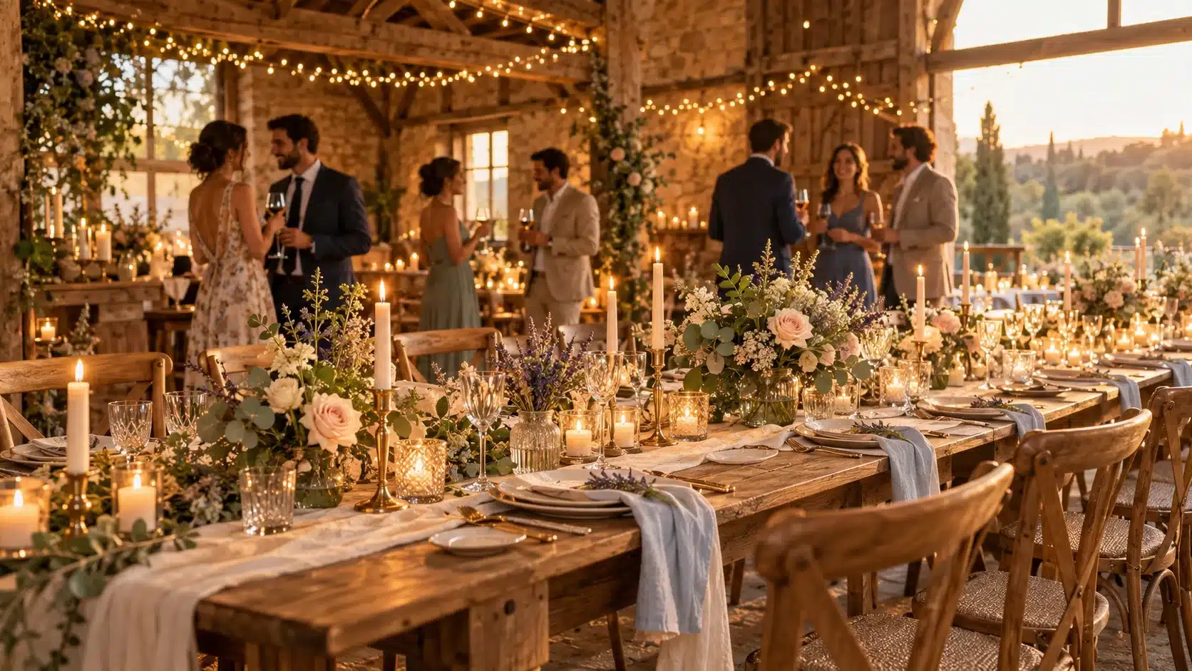 Grange rustique amenagee pour un mariage intime, longue tablee bois avec bouquets de fleurs de saison et bougies, lumiere doree de fin de journee