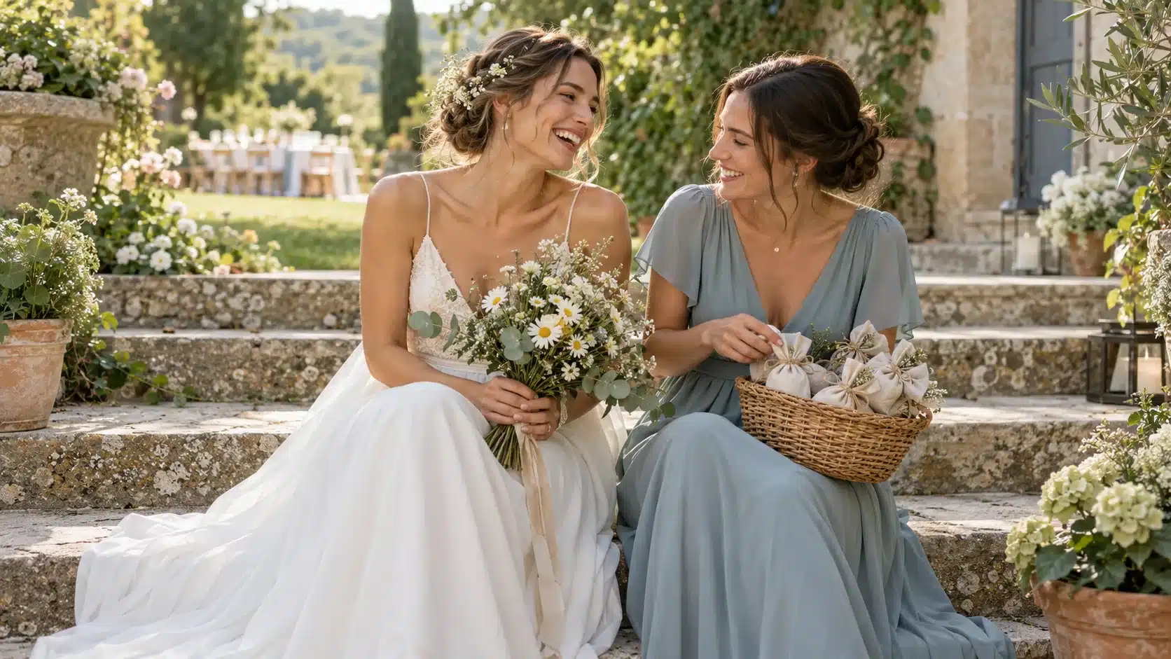 Une mariee et sa demoiselle d'honneur rient sur les marches en pierre d'un jardin, bouquet champetre et petits sachets de dragees DIY, ambiance intime de mariage
