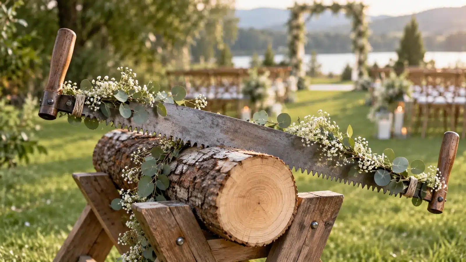 Gros plan sur une scie passe-partout à deux poignées posée sur un rondin décoré d'eucalyptus et de fleurs blanches
