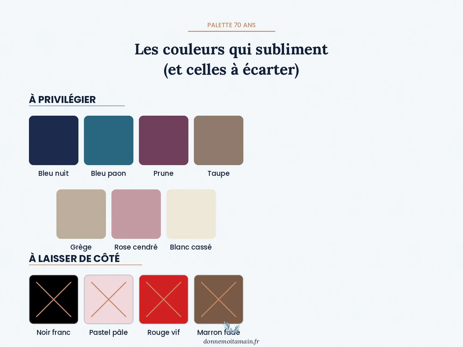 Palette couleurs tenue mariage 70 ans : bleu nuit, bleu paon, prune, taupe, grège, rose cendré, blanc cassé